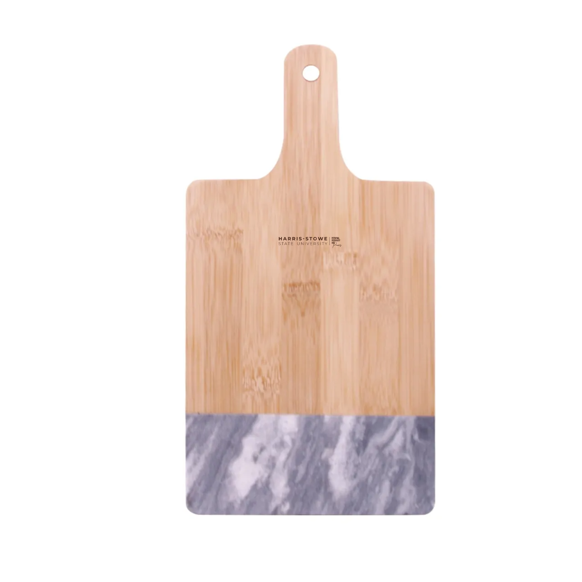 Harris-Stowe State University - Black Marble & Bamboo Cutting Board with small brown logo near handle