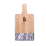 Allen University black marble and bamboo cutting board with small brown logo near handle