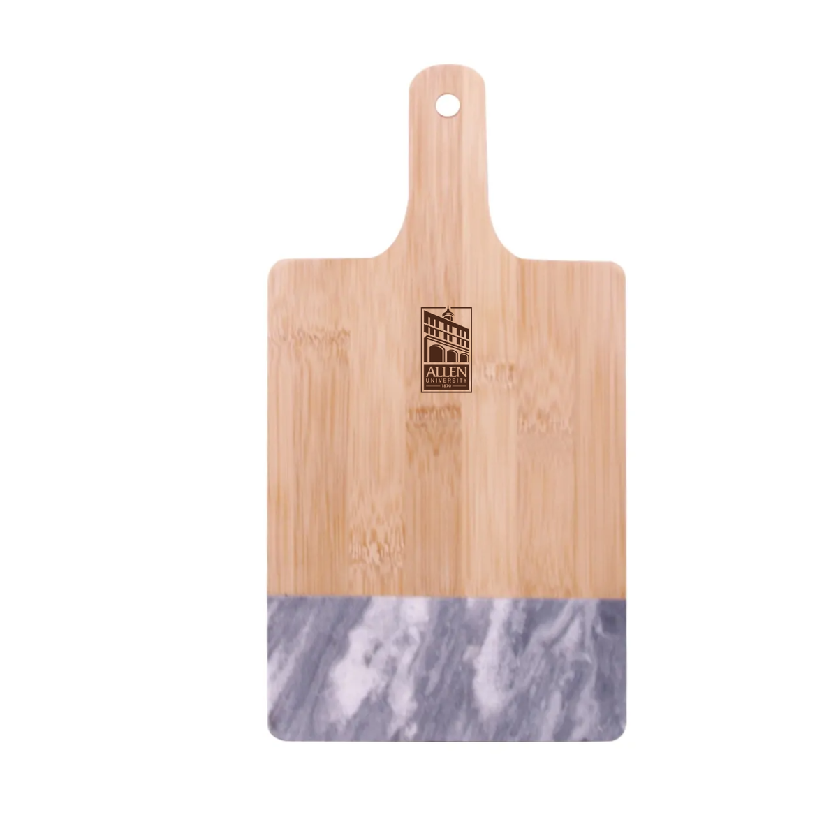 Allen University black marble and bamboo cutting board with small brown logo near handle