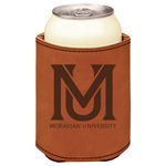 Moravian University leatherette KOOZIE with brown logo
