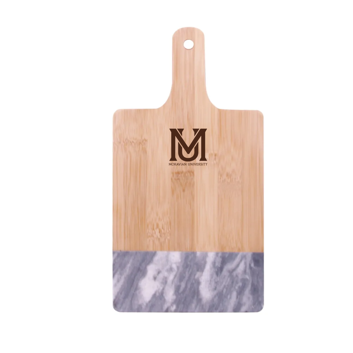 Moravian University black marble and bamboo cutting board with small brown logo near handle