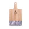Regis University black marble and bamboo cutting board with small brown logo near handle