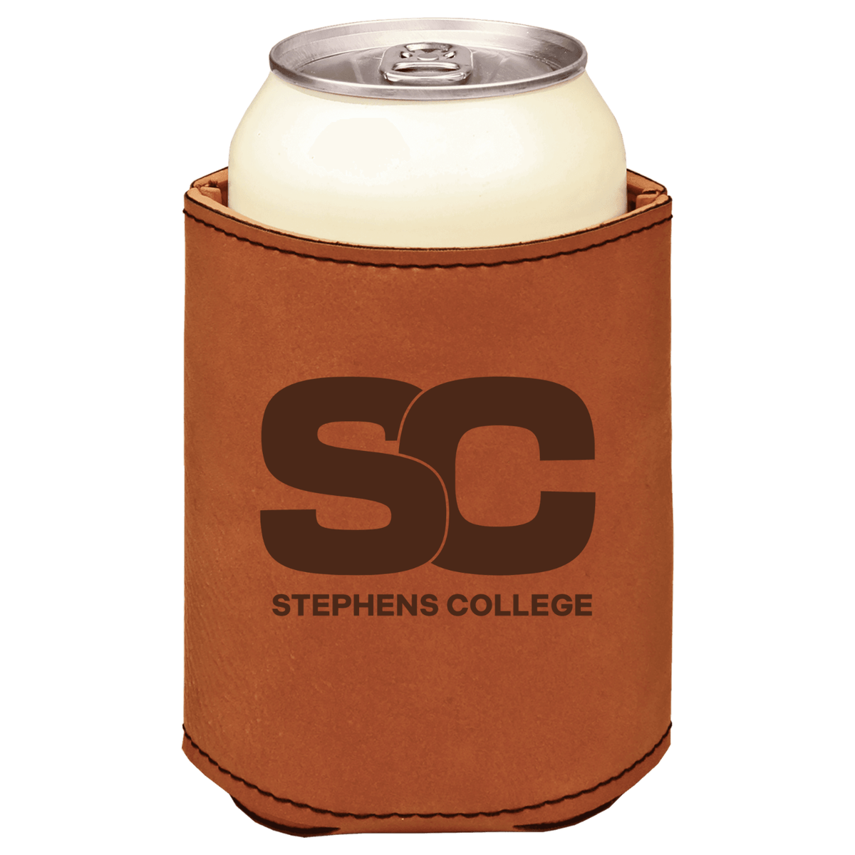 Stephens College leatherette KOOZIE with brown logo
