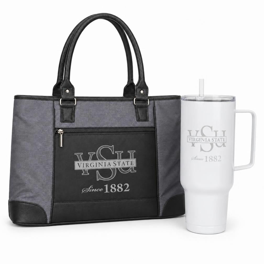 Virginia State University tote and white tumbler gift set