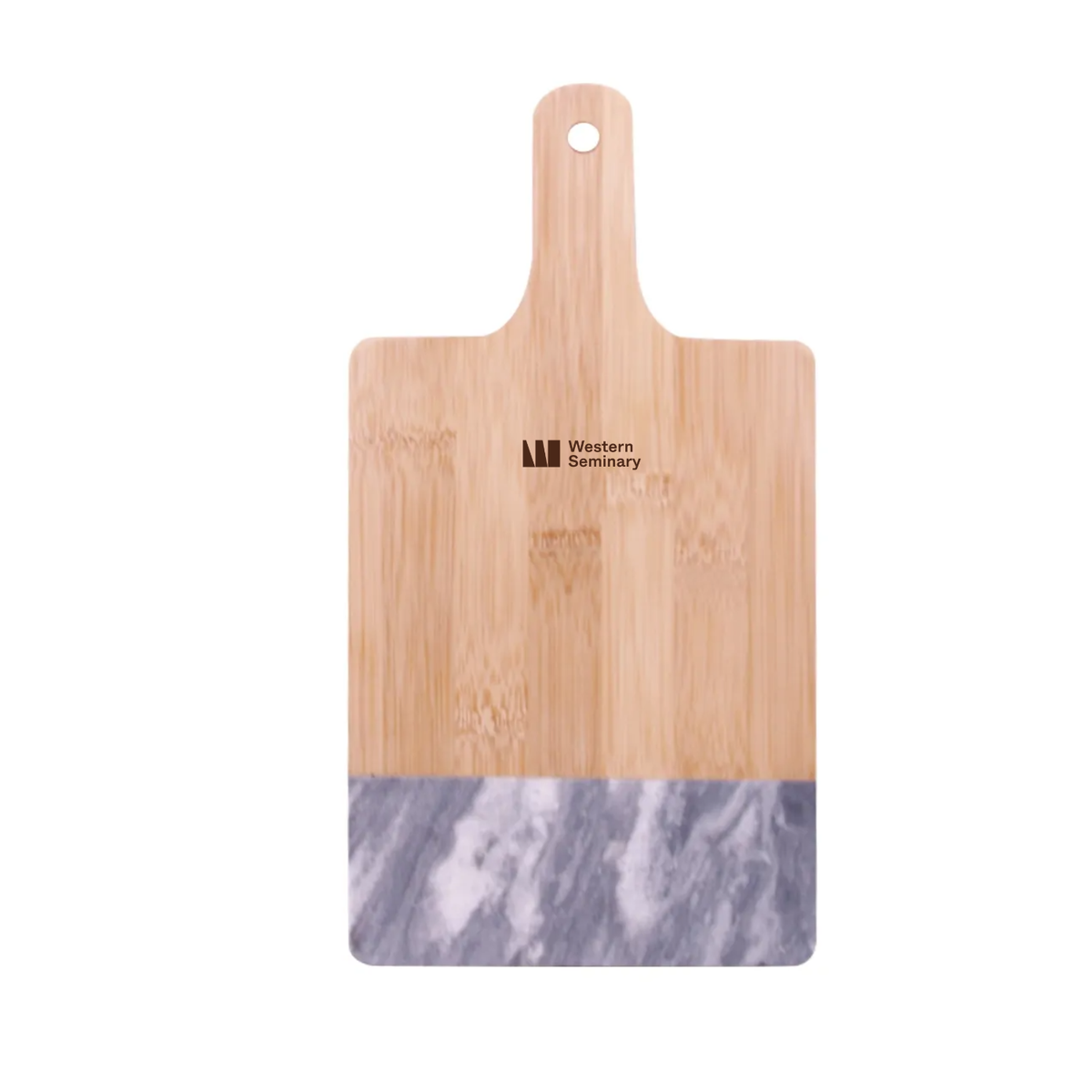 Western Seminary black marble and bamboo cutting board with small brown logo near handle