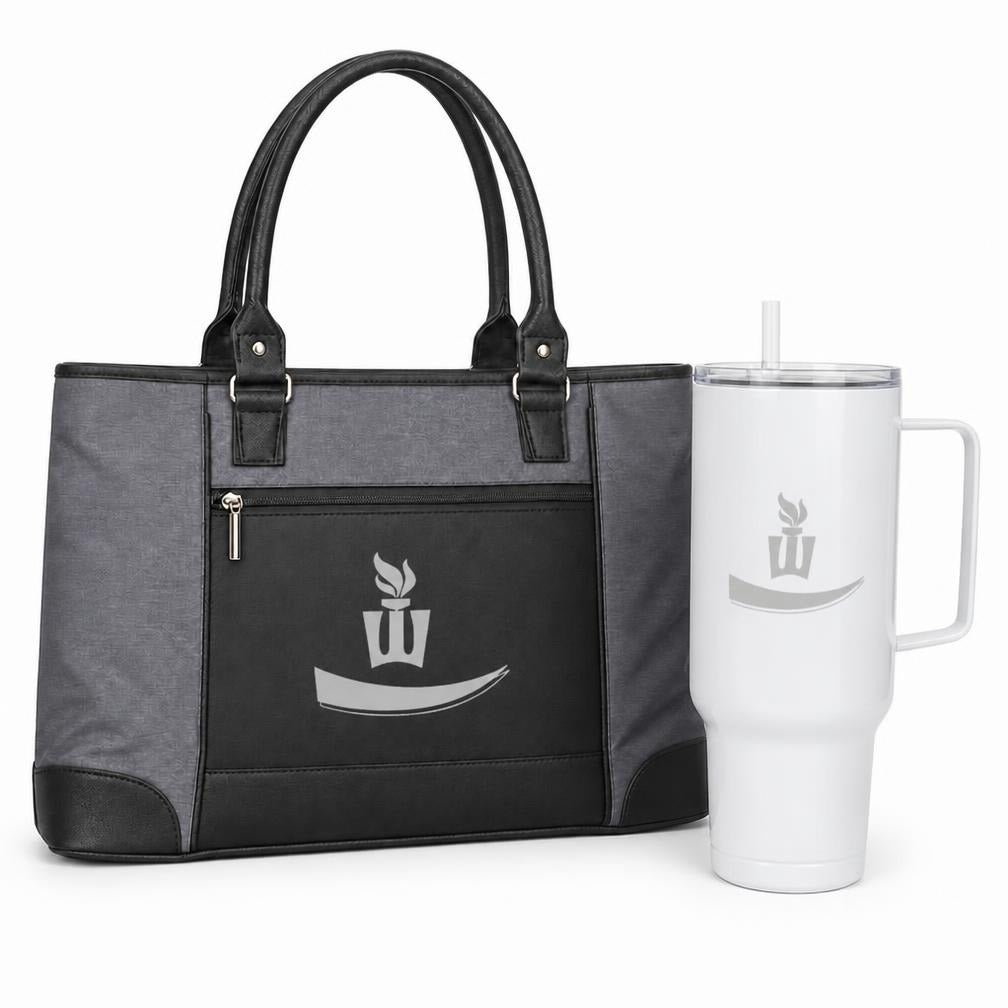 Winona State University Foundation tote and white tumbler gift set